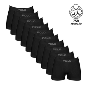Kit 10 Cuecas Boxer Polo Star Algodão Preta Preto - P