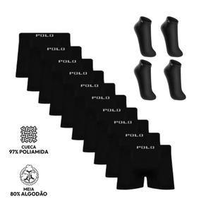Kit 10 Cuecas Boxer Polo Star Microfibra Preto + 4 Pares Meias Up Cano Curto Preto - P