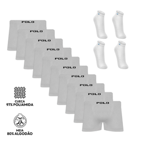 Kit 10 Cuecas Boxer Polo Star Microfibra Branca + 4 Pares Meias Up Cano Curto Branco - P
